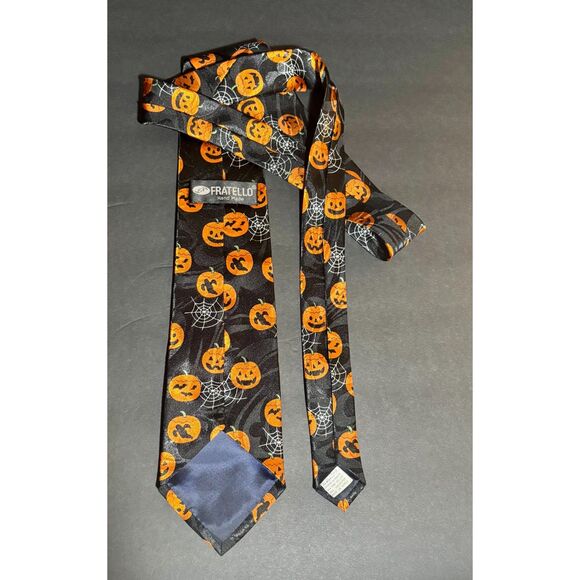 Fratello Halloween Tie Handmade Black Orange Jack-O'-Lantern Spider Web Novelty - Picture 1 of 4